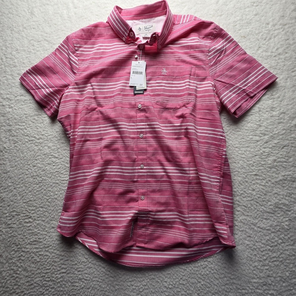 Original Penguin Shirt Mens Large Pink Stripe Short Sleeve Stretch Button-Up
